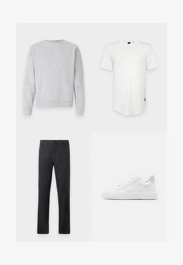 Grauer Sweatshirt aus weichem Stoff, mit Rundhalsausschnitt, langen Ärmeln und gerippten Bündchen und Saum. Einfaches Design ohne Logos oder Muster.; Weißes T-Shirt mit kurzen Ärmeln aus Baumwolle, mit Rundhalsausschnitt und einem leicht verlängerten Rückenteil, sowie einem kleinen Logo-Akzent an der Seite.; Schwarze gerade geschnittene Hose mit Seitentaschen, vorderem Knopfverschluss und Gürtelschlaufen auf einem weißen Hintergrund.; Weiße Leder-Sneaker mit glatter Oberfläche, rundem Zehenbereich, flachen Schnürsenkeln und strukturiertem Schuhsohlen. Graues Wildleder-Detail an der Ferse.