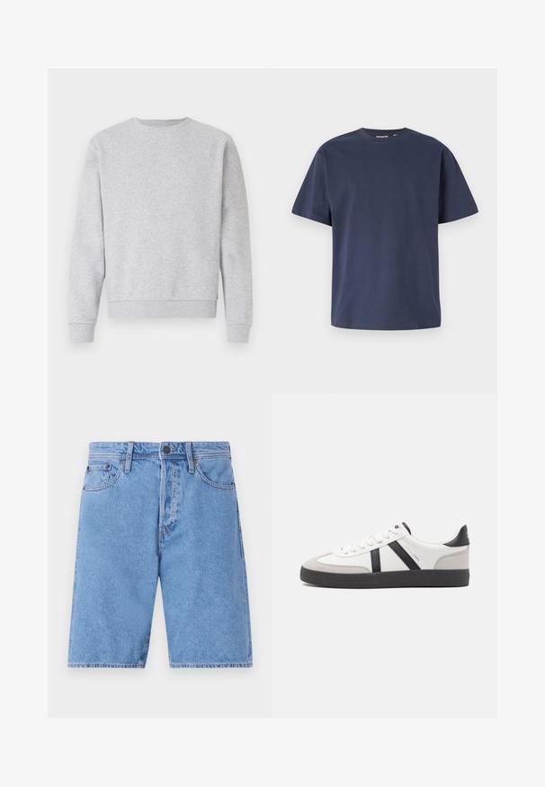 Grå sweatshirt lavet af blødt stof, med rund hals, lange ærmer samt ribbemanchetter og -kant. Simpelt design uden logoer eller mønstre.; Mørkeblå bomulds T-shirt med rund halsudskæring og korte ærmer. Glat tekstur, lige snit og minimale sømme, hvilket giver et klassisk design.; Lys blå denimshorts med et klassisk fem-lomme design, knaplukning og lige ben, prydet med en falmet tekstur og syninger som detaljer.; Hvide sneakers med sorte og grå detaljer, med en tekstureret grå tåhætte, sort gummisål og flade hvide snørebånd. Rent design, minimalistisk stil.