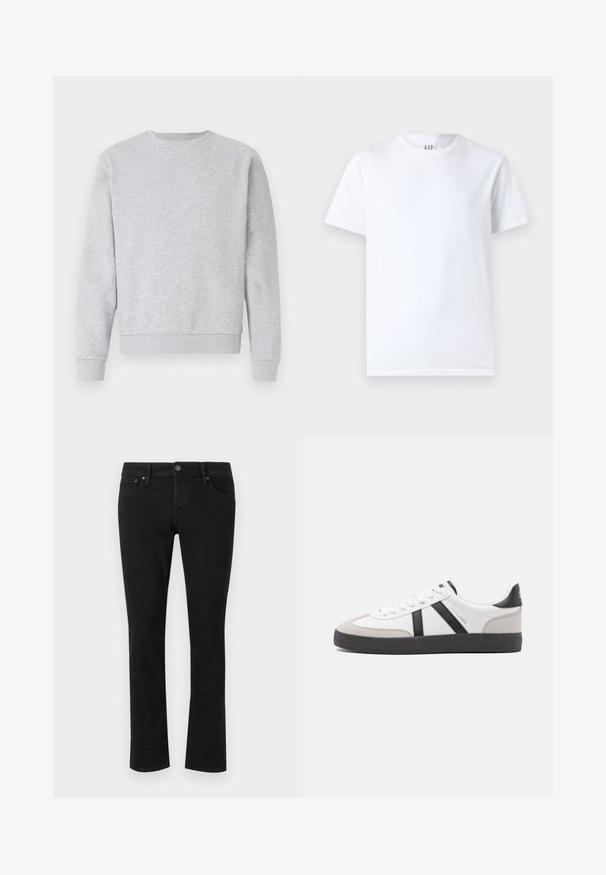 Grå sweatshirt lavet af blødt stof, med rund hals, lange ærmer samt ribbemanchetter og -kant. Simpelt design uden logoer eller mønstre.; Hvid bomulds t-shirt med rund halsudskæring og korte ærmer. Enkel design uden mønstre eller grafik, med GAP branding på kraven.; Sorte denimjeans med lige snit, fem-lomme design, metalknaplukning og minimal syning. Glat tekstur hele vejen igennem.; Hvide sneakers med sorte og grå detaljer, med en tekstureret grå tåhætte, sort gummisål og flade hvide snørebånd. Rent design, minimalistisk stil.