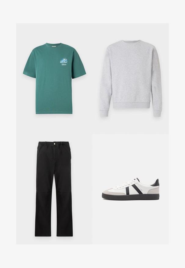Grijze sweater van zacht materiaal, met een ronde hals, lange mouwen en ribbelboorden bij de mouwen en onderkant. Eenvoudig design zonder logo's of patronen.; Groene katoenen T-shirt met korte mouwen, met een kleine, kleurrijke grafische afbeelding op de linkerborst. Lichtgewicht, normale pasvorm.; Zwarte katoenen broek met een elastische tailleband, voorzien van een recht model, een gladde textuur en zonder zichtbare accenten of patronen.; Witte sneaker met zwarte en grijze accenten, voorzien van een grijze neus met textuur, zwarte rubberen zool en platte witte veters. Schoon ontwerp, minimalistische stijl.
