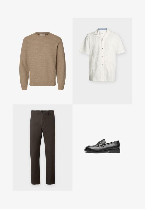 Beige langærmet strikket sweater med rund halsudskæring og ribstrikkede manchetter og kant, vist på en hvid baggrund.; Hvid linnedskjorte med korte ærmer, subtil blomsterbroderi, knapper foran og åben krave.; Brune bukser lavet af et tekstureret stof, med et lige ben-design, en enkelt knaplukning og et minimalistisk stil.; Sorte læder loafers har en rund tå, en stikning hen over toppen og en lav, flad gummisål. Glat tekstur uden synlige mønstre.