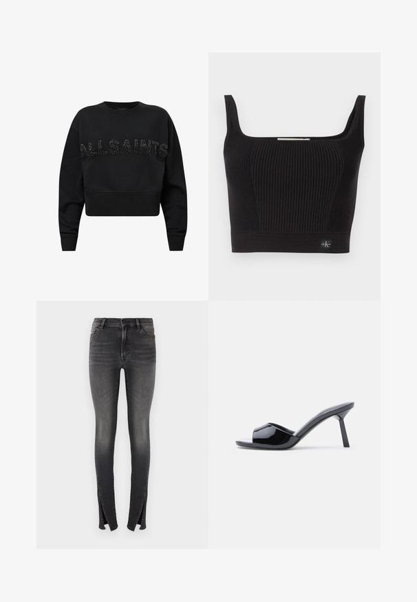 Sort cropped sweatshirt lavet af blødt stof, med "ALLSAINTS" i teksturerede sorte accenter på forsiden. Rund hals og lange ærmer.; Sort ribbet crop top med brede stropper, firkantet udskæring og tætsiddende design. Har et lille mærke nederst til venstre.; Slanke jeans i mørk grå denim, med høj talje, frontlommer og unikke slidser ved anklerne for et moderne design.; Sorte laklæder sandaletter med åben tå, der har et buet overdesign og en spids stilethæl. Glat, blank finish.