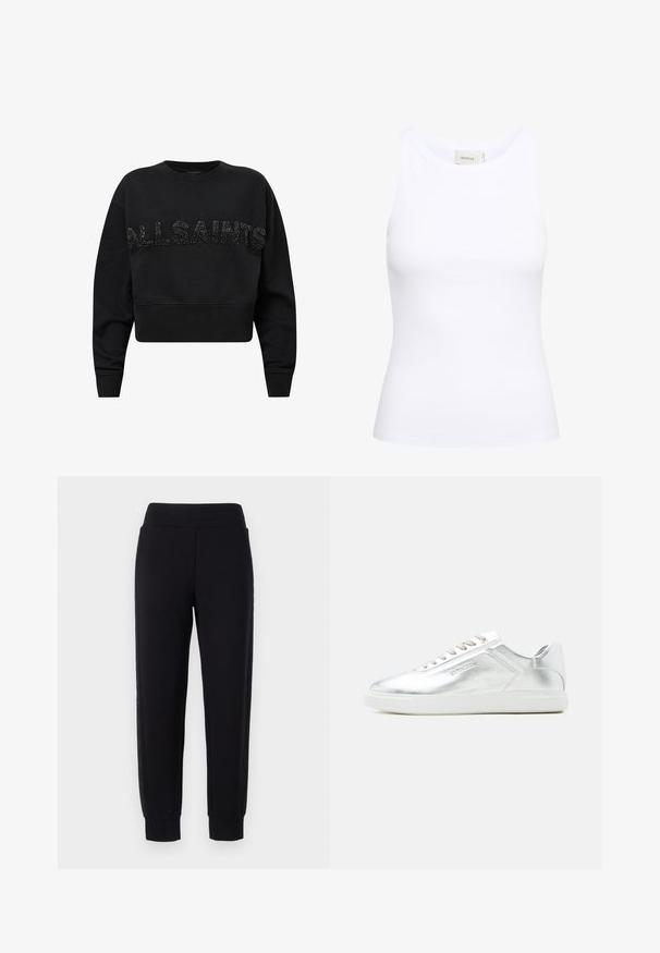 Sort cropped sweatshirt lavet af blødt stof, med "ALLSAINTS" i teksturerede sorte accenter på forsiden. Rund hals og lange ærmer.; Hvid ribbet tanktop med rund halsudskæring og uden ærmer. Strækbart stof og tætsiddende design. Etiketten bagpå viser "GESTUZ."; Sorte sweatpants med tætsiddende ben, der har en bred elastisk talje og strukturerede sidelapper. Lavet af et blødt, strækbart materiale.; Lavtskåret metallic sølv sneaker med hvid sål og snørebånd, glat tekstur og subtil præget branding på siden.