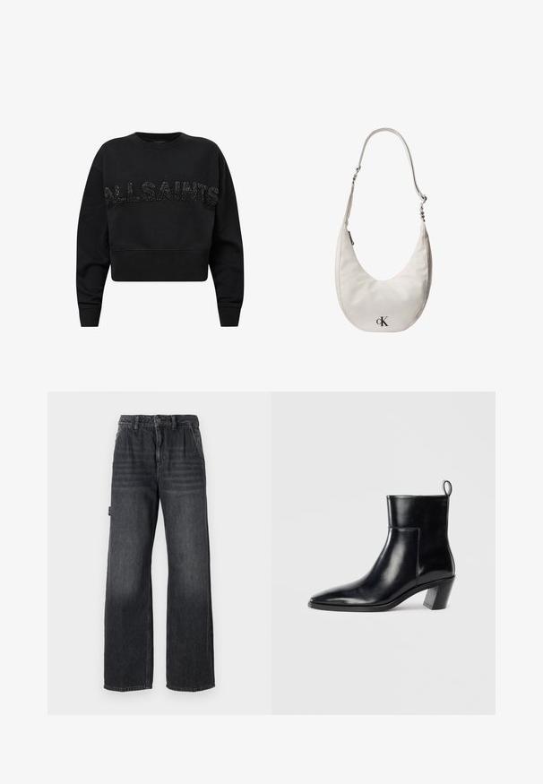 Sort cropped sweatshirt lavet af blødt stof, med "ALLSAINTS" i teksturerede sorte accenter på forsiden. Rund hals og lange ærmer.; Bredde bukser i mørkegrå denim med høj talje, forlommer og diskret slidmærker på lårene. Kontrastsyning.; Sort læder ankelstøvle med spids tå, geometrisk stablet hæl og en løftestrop bagpå. Glat tekstur og slankt design.; Hvid skuldertaske i læder formet som en halvmåne med justerbar rem, lynlåslukning og sort Calvin Klein-logo foran.