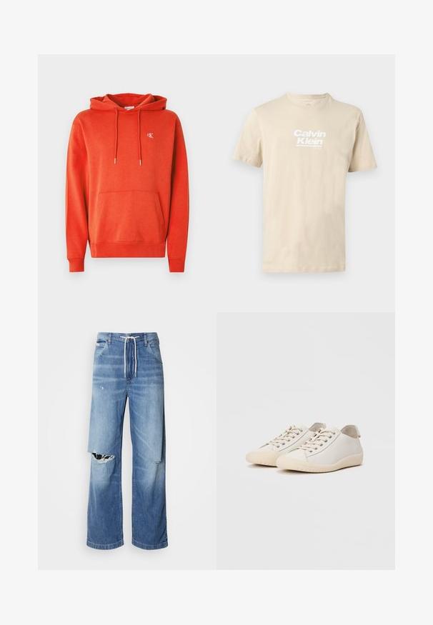 Punane puuvillane kapuutsiga pullover ees tasku, nööriga kapuuts ja väike tikitud logo rinnal. Pehme tekstuur ja soonikkoes varrukasäär.; Beež lühikeste varrukatega ümara kaelusega T-särk, millel on valge "Calvin Klein est 1968" logo rinnal, esitatud lamedal, neutraalsel taustal.; Hele sinise denimist püksid laia lõikega, millel on valgest nöörist vöö ja eristuvad rebenemised ees, paljastades hargnevad servad.; Valged tossud, mis on valmistatud siledast nahast, tonalsete õmblustega, nööridega kinni tõmmatav, ümar varvas ja tekstureeritud kummist tald.