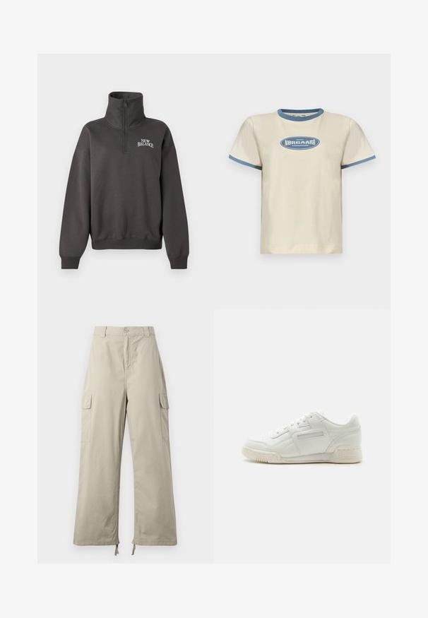 Tumma harmaa neljännesvetoketjullinen collegepaita, valmistettu pehmeästä kankaasta, jossa on ribbisomisteiset hihansuut ja helma. Rinnassa valkoinen "New Balance"-logo.; Beige puuvillainen t-paita, jossa siniset resorit kauluksessa ja hihojen helmassa, keskellä logo, jossa lukee "MADS NØRGAARD COPENHAGEN".; Vaaleanbeige cargo-housut rentoilla mitoilla, joissa on napillinen suljenta, sivutaskut ja säädettävä lahje sidontanauhalla. Sujuva kangas.; Valkoinen matala Reebok-tennari nahkapäällisellä, nauhallisella suljetuksella ja teksturoidulla kumipohjalla, kuvattuna sivusta yksivärisellä taustalla.
