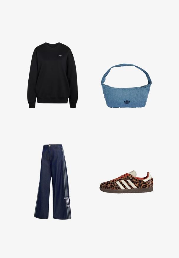 Zwarte longsleeve sweater met ronde hals, geribde boorden en zoom, met een klein wit Adidas trefoil logo op de linkerborst.; Donkerblauwe wijde spijkerbroek met grijze strepen aan de zijkanten, knoopsluiting, voorzakken en een Adidas-logo patch op het linkerbeen.; Leopardprint sneakers van suède met rode veters en drie witte strepen aan de zijkant. Bevat een crèmekleurige tong en een bruine zool.; Schoudertas van denim in lichtblauw met een geborduurd donkerblauw logo. Voorzien van een brede, zachte band en een ritssluiting aan de bovenkant.