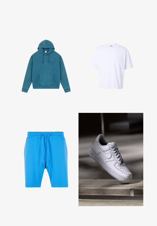 Sudadera con capucha azul y bolsillo canguro frontal, con un sutil logo circular en el lado izquierdo del pecho, dispuesta plana sobre un fondo blanco.; Camiseta blanca lisa de algodón, de manga corta, con cuello redondo, corte holgado y etiqueta de la marca Urban Classic dentro del cuello.; Pantalones cortos de algodón azul con una cinturilla elástica, cierre de cordón y un sutil detalle gráfico en el lado. Textura suave y corte holgado.; Zapatilla Nike Air Force 1 de cuero blanco que presenta una puntera perforada, cordones planos y una suela de goma texturizada con la marca "AIR" en el lateral.
