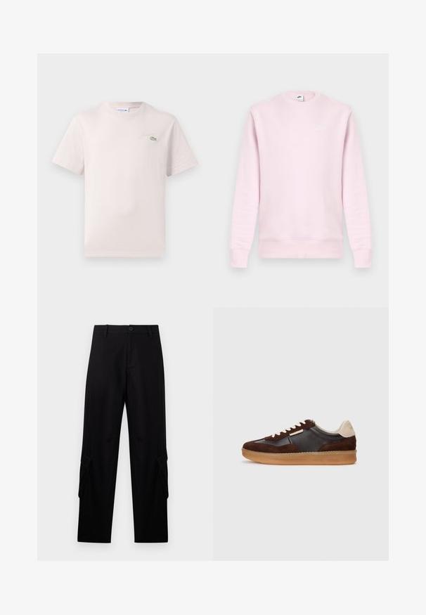 Lichtroze sweatshirt met een ronde hals en lange mouwen. Heeft een klein wit Nike-logo op de borst. Gladde textuur en eenvoudig design.; Lichtroze katoenen t-shirt met een ronde hals, korte mouwen en een geborduurd Lacoste-logo in het groen op de borst. Zachte textuur.; Zwarte cargobroek met rechte pijpen, riemlussen, een knoopsluiting aan de voorkant, ritssluiting en klepzakken op elke dij.; Bruine suède en leren sneaker met een gumrubberen zool, voorzien van crème accenten en witte veters. Ronde neus en minimale details.