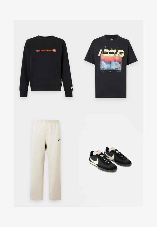 Sort langærmet crewneck sweatshirt med orange "Nike Sportswear" tekst og logo på brystet og lille hvid Nike swoosh på venstre manchet.; Sort bomuld T-shirt med grafik af skyer, en lyserød og blå himmel samt fed gul tekst med ordene "FLY ABOVE" og "THERE IS NO LIMIT."; Beige joggingbukser med elastik i taljen, lige ben og lille grøn og sort Nike-logo på den øverste venstre lår.; Sorte sportssko med en struktureret overdel, hvid swoosh-logo og gummisål med små stik til trækkraft. Elfenbensfarvet krave.