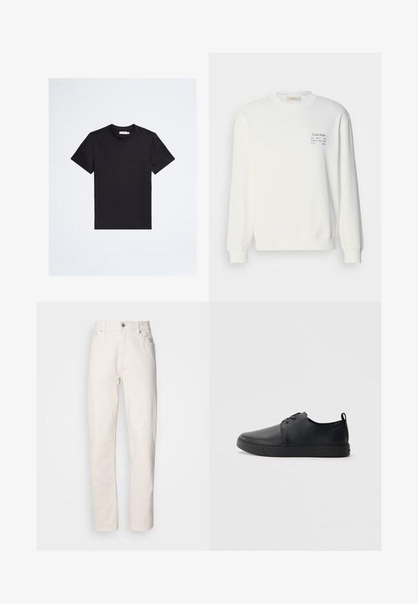 Witte katoenen sweatshirt met lange mouwen, ronde hals en geprinte logo-details op de borst, met ribgebreide boorden en zoom.; Zwart t-shirt met korte mouwen en ronde hals met een klein ton-sur-ton logo op de linkerborst en een wit merketiket binnenin de kraag.; Spijkerbroek van wit denim met rechte pijpen, knoop- en ritsluiting, riemlussen en voor- en achterzakken, weergegeven op een effen achtergrond.; Zwarte leren sneaker met een gladde afwerking, ronde neus, tonale stiknaden, vetersluiting aan de voorkant en een vlakke rubberen zool. Lussje aan de hak.