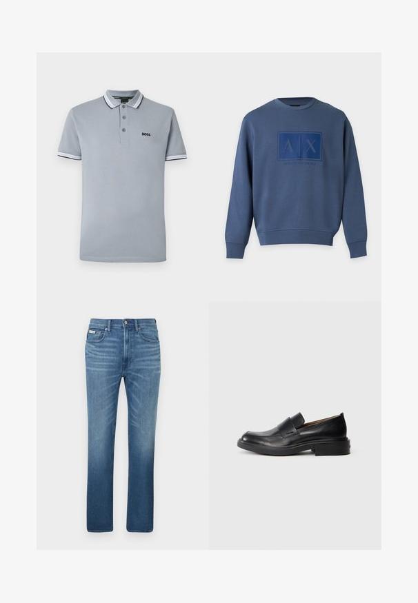 Sudadera azul de manga larga con cuello redondo, con logotipo en relieve de Armani Exchange y las letras A y X centradas en el pecho.; Polo de color gris claro con tres botones, ribete bicoloreado en el cuello y las mangas, y un pequeño logotipo negro de "BOSS" en el pecho.; Vaqueros de mezclilla azul claro con corte recto, cinco bolsillos y acabado desgastado, con una etiqueta de marca en la cintura.; Zapato de vestir negro de cuero sin cordones con tacón bajo y un sutil logo de Calvin Klein en el lateral, mostrado en perfil sobre un fondo blanco.