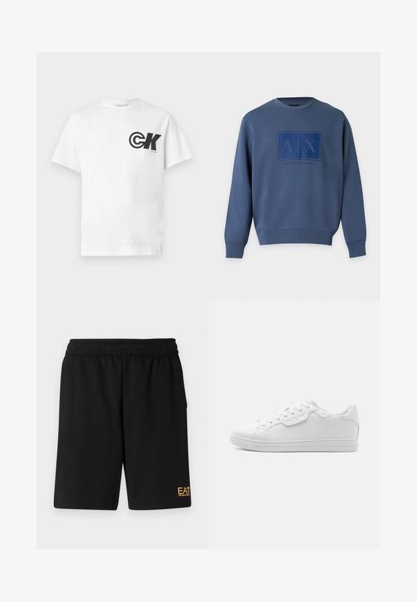 Sininen pitkähihainen pyöreäkauluksinen collegepaita, jossa on Armani Exchange -logon kohokuvio sekä kirjaimet A ja X rinnan keskellä.; Valkoinen puuvillapaita, jossa on musta ympyränmuotoinen "CK"-logo ja teksti vasemmassa rintaosassa; pyöreä pääntie ja lyhyet hihat, pelkistetty muotoilu.; Mustat urheilushortsit, jotka on valmistettu pehmeästä kankaasta. Kengissä on joustava vyötärönauha ja pieni keltainen EA7-logo vasemmassa alakulmassa.; Valkoinen nahkakengät pyöreällä varpaalla, kuudella reikällä, tasaisilla nauhoilla ja minimalistisella muotoilulla. Sivulla on pieni logo.