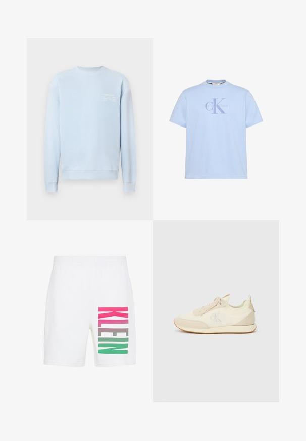 Sweatshirt bleu clair avec un col rond, des poignets et un ourlet côtelés. Présente un texte blanc sur la poitrine, indiquant la marque et les détails de l'adresse.; T-shirt bleu clair à manches courtes avec le logo « cK » de Calvin Klein en grandes lettres sur la poitrine.; Short blanc avec taille élastique et grand texte vertical "KLEIN" sur la jambe droite en dégradé de rose, gris et vert.; Baskets sportives en crème et beige, avec une tige en tissu lisse et des accents en daim. Détail de logo subtil et semelle en caoutchouc avec un bord contrasté.