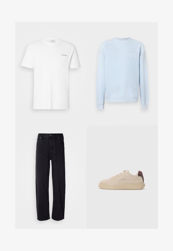 Hellblauer Pullover mit rundem Halsausschnitt, gerippten Bündchen und Saum. Auf der Brust befindet sich weißer Text mit Marken- und Adressdetails.; Weißes Baumwoll-T-Shirt mit kurzen Ärmeln und Rundhalsausschnitt. Mit einem kleinen schwarzen "Calvin Klein"-Logo auf der linken Brust.; Schwarze Denim-Jeans mit weiter Passform, hoher Taille, fünf Taschen und Metallknöpfen. Der Stoff hat eine matte Textur.; Beige Wildleder-Sneaker mit runder Spitze, Schnürung vorne und einem braunen Wildlederakzent an der Ferse. Verfügt über eine strukturierte Gummisohle.