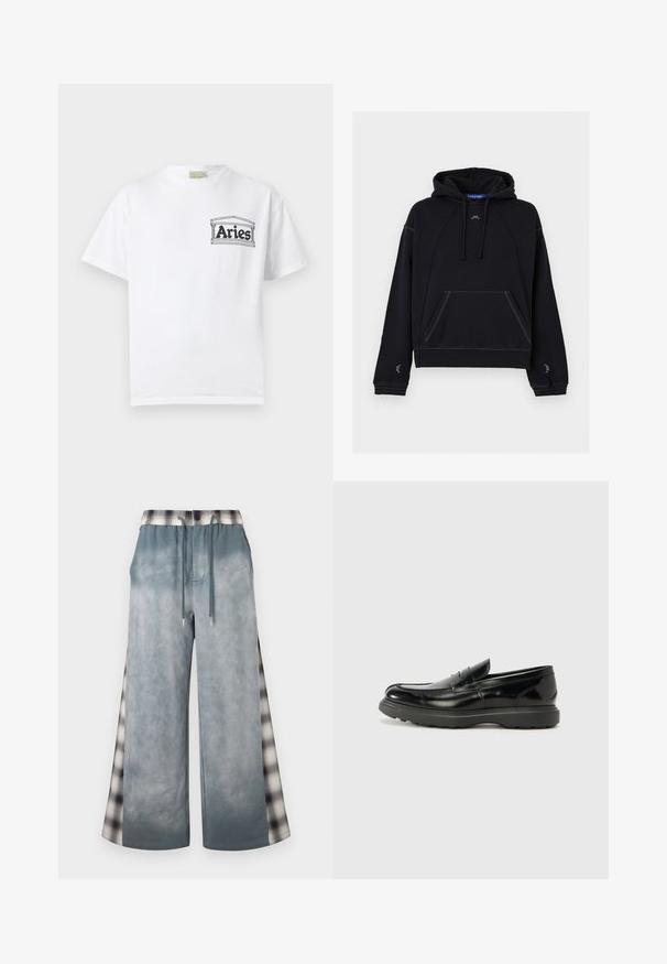 Sweat à capuche noir type pullover avec poche kangourou à l'avant, capuche à cordon, poignets et ourlet côtelés, et petit logo blanc ACW sur la poitrine et les manches.; T-shirt blanc à manches courtes avec un petit logo noir "Bélier" à l'intérieur d'un cadre rectangulaire sur la partie gauche de la poitrine.; Pantalon gris à jambes larges avec taille à cordon et panneaux latéraux à motif à carreaux, combinant des éléments de design à la fois décontractés et élégants.; Mocassin en cuir noir avec une finition brillante, bout arrondi, détails de couture subtils et semelle en caoutchouc épaisse pour la durabilité.