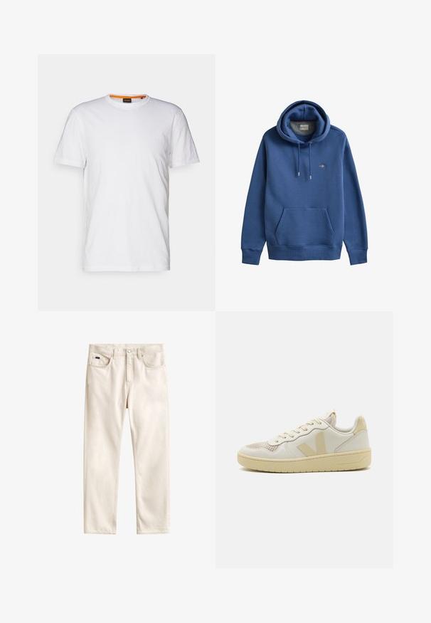 Sudadera azul con capucha tipo pulóver con bolsillo canguro frontal, capucha con cordón y pequeño logo bordado en el pecho izquierdo.; Camiseta de algodón blanca con cuello redondo, mangas cortas y un sutil logo en relieve en el pecho. La etiqueta interior tiene un acento naranja.; Vaqueros de pierna recta color blanco roto con cierre de botones, trabillas para cinturón y diseño de cinco bolsillos, colocados planos sobre un fondo blanco.; Zapatillas beige con una punta de malla texturizada, parte superior de cuero suave y acentos de logotipo en contraste. Suela plana de goma con un diseño elegante.