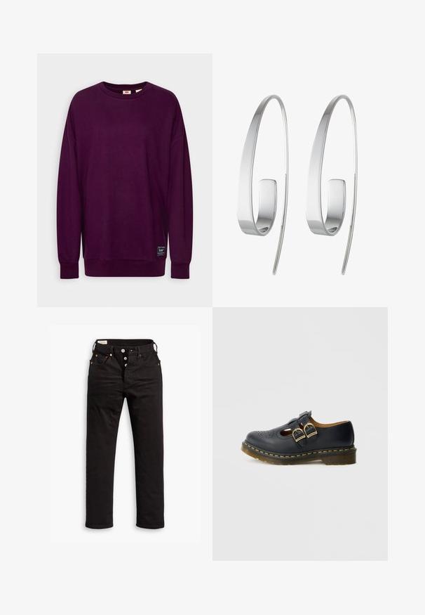 Sweatshirt à manches longues en violet profond avec des poignets et un ourlet côtelés, présentant un petit patch noir Levi's près du bord inférieur.; Jean noir à jambe droite avec fermeture à boutons, poches avant et arrière, et détails en rivets cuivrés sur fond blanc.; Chaussure en cuir noire avec deux brides à boucles, présentant des détails perforés, un bout arrondi et un accent de couture jaune autour de la semelle.; Boucles d'oreilles en argent avec un design allongé et épuré. Fabriquées en métal poli, présentant une texture lisse et un style minimaliste.