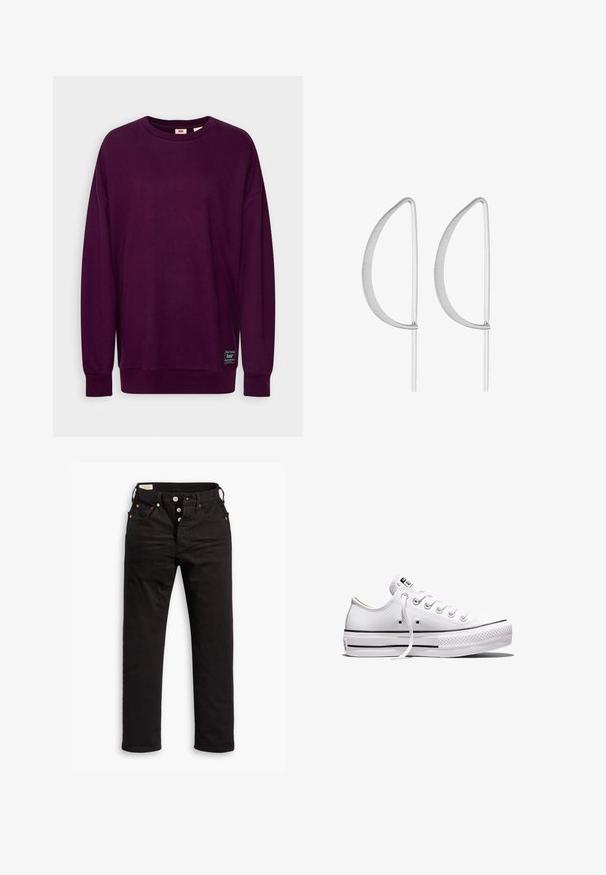 Langarm crewneck sweatshirt in diep paars met ribgebreide manchetten en zoom, met een klein zwart Levi's-label dicht bij de onderrand.; Zwarte rechtlopende jeans met knoopsluiting, voor- en achterzakken, en koperen klinknagels op een witte achtergrond.; Wit lage canvas sneaker met witte veters, rubberen zool, zwarte streepdetails en logopatch op de tong en hiel.; Zilveren metalen oorbellen met een minimalistisch gebogen ontwerp, met uitgerekte, open druppelvormen en een matte afwerking.