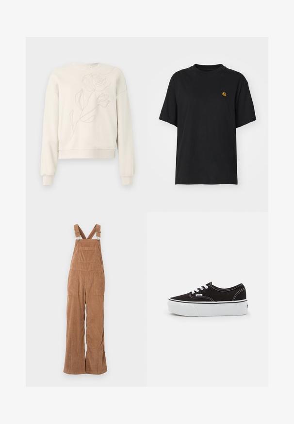 Creme sweatshirt med blomsterbroderi på forsiden. Rund hals, lange ærmer og ribstrikkede manchetter. Blød tekstur og afslappet pasform.; Sort bomulds T-shirt med en afslappet pasform. Har en rund halsudskæring og korte ærmer. Inkluderer et lille guld broderet logo på brystet.; Brune kordfløjs overalls med brede ben, justerbare stropper og forlomme. Blød tekstur med lodret ribbet mønster.; Sort lærred sneakers med en hvid gummi platform sål, der har hvide snørebånd og syninger, ikonisk branding på siden, lav-top design.