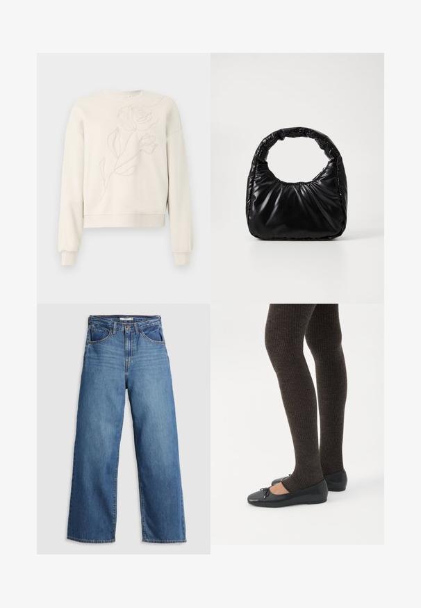Creme sweatshirt med blomsterbroderi på forsiden. Rund hals, lange ærmer og ribstrikkede manchetter. Blød tekstur og afslappet pasform.; Blå denim brede jeans med høj talje, der har fem lommer, kontrastsyning og lynlås.; Ben iført mørke ribbede leggings kombineret med sorte balletsko med små sløjfedetaljer på hvid baggrund.; Sort polstret håndtaske med et rundt håndtag, der har en glat, skinnende overflade og en blød, kviltet tekstur. Ingen synlige hardware eller accenter.