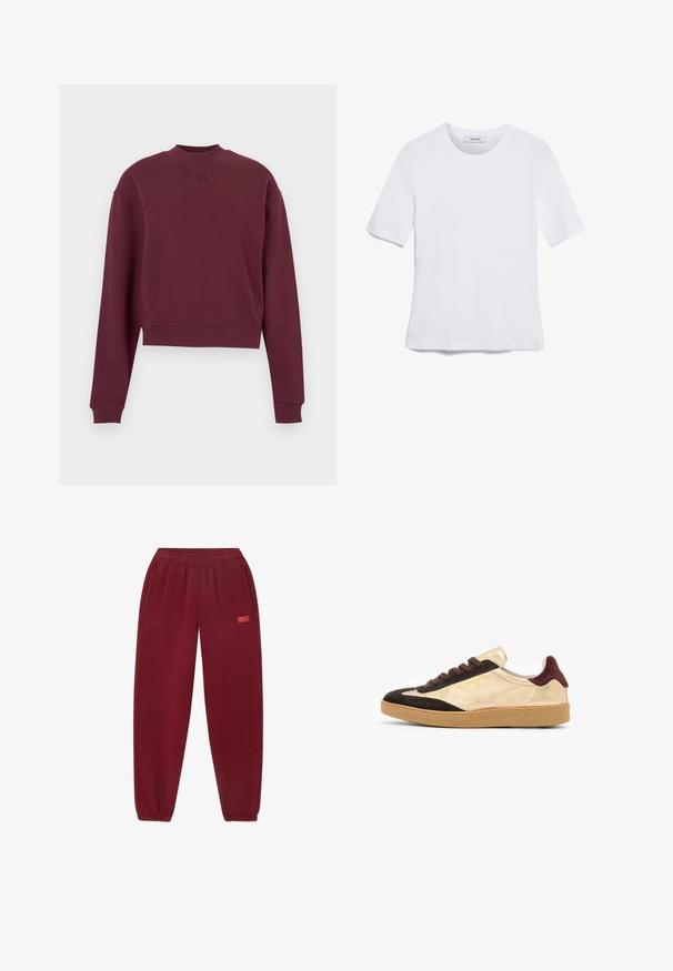Bordeauxrotes cropped Sweatshirt mit langen Ärmeln, aus weichem Stoff, mit einem hohen Kragen und einem geprägten Logo auf der Vorderseite.; Weißes kurzärmliges T-Shirt aus geripptem Stoff. Runder Halsausschnitt, normale Passform und dezente Nähte. Keine Muster oder Grafiken.; Burgunderfarbene Jogginghose mit elastischem Bund, Taschen an den Seiten und schmal zulaufenden Beinen. Auffälliges Logo in Pink auf der linken Seite aufgedruckt.; Goldene und schwarze Wildleder-Sneaker im Low-Top-Stil mit braunen Schnürsenkeln, texturiertem Gummisohle und Logodetail auf der Außenseite.