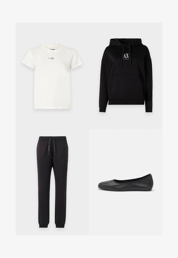 Sort hættejakke med lomme foran, snoretræk og et logo med "A|X" på brystet. Fremstillet af blødt stof med en afslappet pasform.; Hvid bomulds T-shirt med korte ærmer, rund halsudskæring og en rektangulær sort trykt label foran med tal og symboler.; Sorte joggers lavet af blødt bomuld med elastisk talje og snoretræk. Har ribbede manchetter og broderet tekst på siden.; Sort læderballetsko med rund tå, glat tekstur, minimal syning og et fleksibelt såldesign.