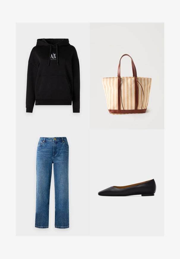 Zwarte hoodie met een voorzak, trekkoorden en een logo met "A|X" op de borst. Gemaakt van zachte stof met een relaxed fit.; Blauwe high-waisted jeans met een rechte-pijpen-snits, gemaakt van denim, met vijf zakken en details in goudkleurige hardware.; Zwarte leren puntschoen met lage hak en gladde afwerking, zijaanzicht op een lichtgrijze achtergrond.; Beige en wit verticaal gestreepte tote bag met bruine leren handvatten en biezen, tegen een effen lichte achtergrond.