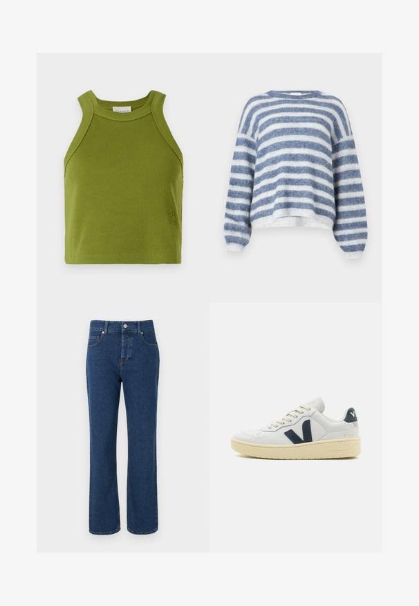 American Vintage NENYBAY - Džemper - polaire/raye tornade; CLOSED CROPPED RACER TANK - Topp - pistachio green; Sinised sirge lõikega teksapüksid, millel on viis taskut, vööaasad, nööp-kinnitusega ja nähtavad õmblused.; Valged nahast tossud tekstureeritud viimistlusega, tumesinine aktsent külglogo juures ja kreemjas kummist tallaga. Omab paeltega sulgemist ja pehmendusega krae.