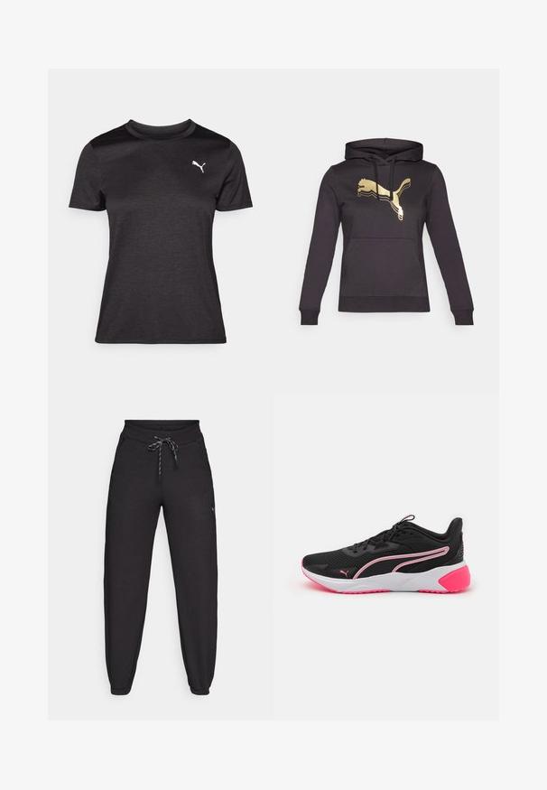 Sudadera negra con mangas largas y un bolsillo frontal. Cuenta con un logo dorado de Puma y acentos de rayas en contraste en el logo. Tejido suave.; Camiseta deportiva negra de manga corta, con escote redondo y un logo blanco en el pecho. Textura suave y forma ajustada.; Pantalones jogger negros hechos de un material suave y elástico, con una cintura elástica ajustable, bolsillos laterales y puños ajustados en los tobillos.; Zapatillas deportivas negras con parte superior de malla, acentos rosas, media suela blanca y un logo distintivo. Presenta un diseño ligero y suela texturizada.