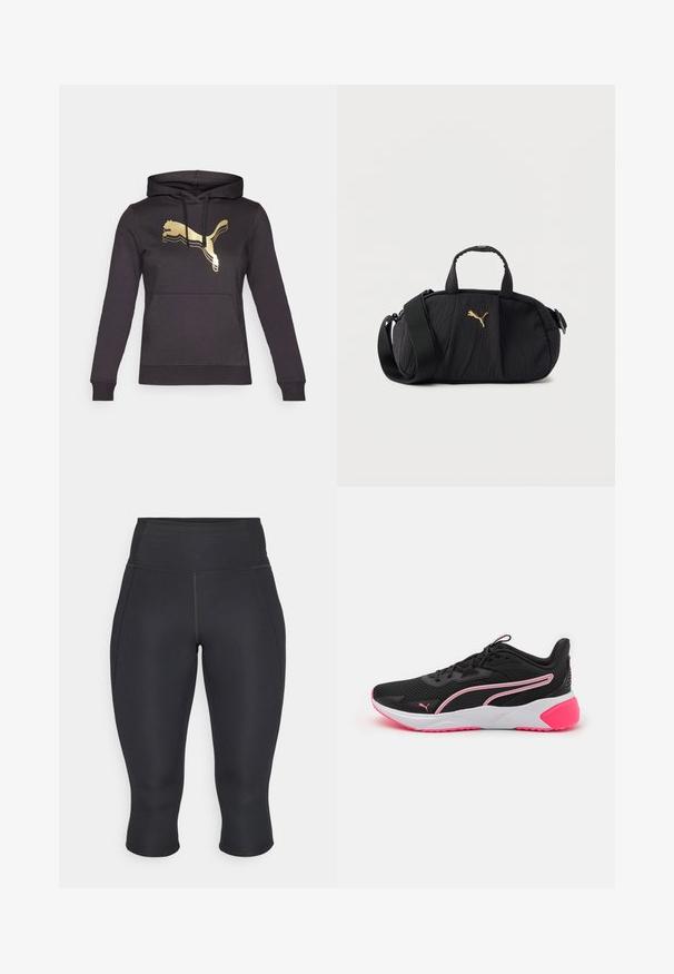 Sudadera negra con mangas largas y un bolsillo frontal. Cuenta con un logo dorado de Puma y acentos de rayas en contraste en el logo. Tejido suave.; Leggings capri negros de tejido elástico. Diseño de cintura alta con costuras laterales y dobladillo acabado, textura suave, sin patrones visibles.; Zapatillas deportivas negras con parte superior de malla, acentos rosas, media suela blanca y un logo distintivo. Presenta un diseño ligero y suela texturizada.; Bolso cruzado negro con textura, con asas superiores, correa ancha ajustable y pequeño logo dorado de Puma centrado en el frente.