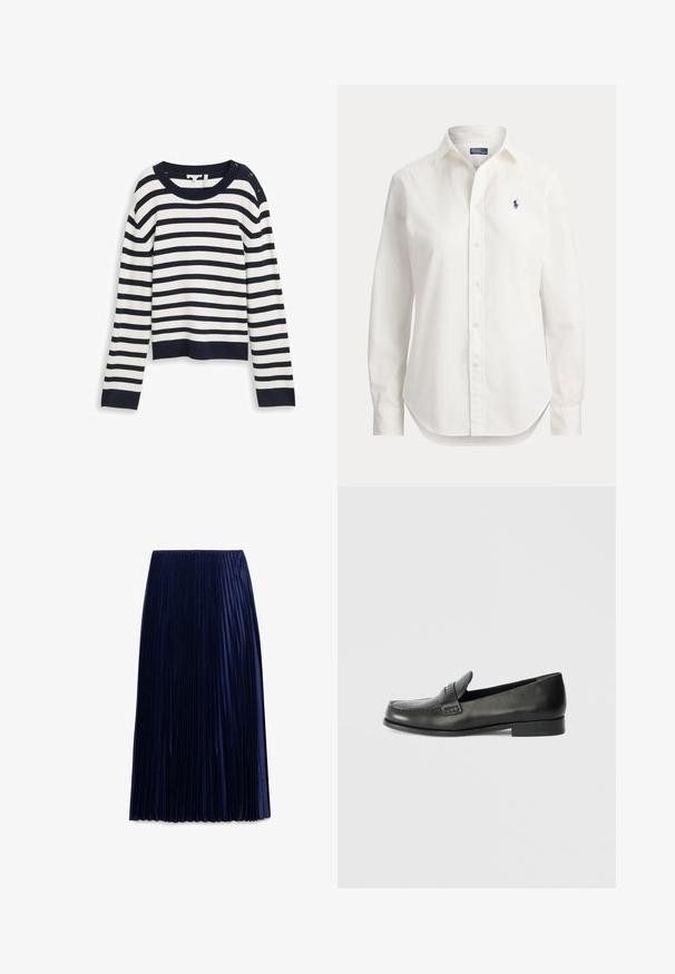 Suéter blanco de manga larga con rayas horizontales negras, puños negros, cuello y botones en el hombro izquierdo.; Camisa blanca de manga larga con botones, cuello y pequeño logo azul de jugador de polo en el pecho izquierdo.; Falda midi plisada de color navy, confeccionada en una tela ligera con textura suave, que presenta pliegues verticales espaciados uniformemente y una cintura elástica.; Mocasines de cuero negro con puntera redondeada, detalles de costuras elevadas y un tacón bajo apilado. Textura suave con un brillo sutil.