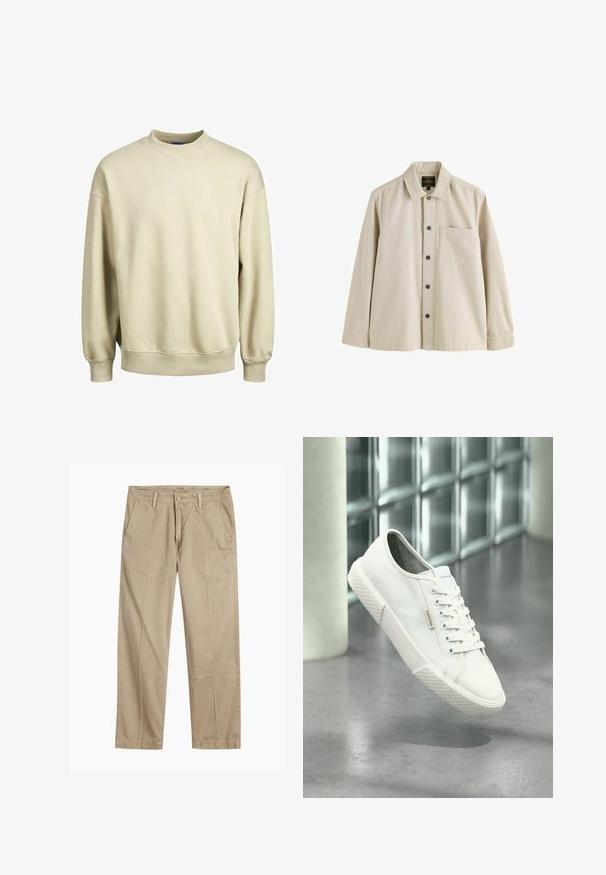 Sweatshirt beige avec un col rond, des manches longues et des poignets côtelés. Tissu doux avec une coupe décontractée et un design minimaliste.; Chemise beige à manches longues boutonnée, avec un col et une poche poitrine, conçue dans un tissu robuste.; Chinos beiges à jambes droites avec passants de ceinture, fermeture par bouton et fermeture éclair à l'avant, et poches avant en biais.; Baskets basses blanches Calvin Klein avec lacets, semelle en caoutchouc, et étiquette logo flottant au-dessus d'un sol gris poli près d'un mur en blocs de verre.