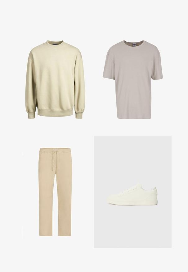Sweatshirt beige avec un col rond, des manches longues et des poignets côtelés. Tissu doux avec une coupe décontractée et un design minimaliste.; T-shirt beige clair à manches courtes en tissu texturé, avec un col rond et une coupe ample. Aucun motif ni matériel visible.; Pantalon en coton beige avec une taille élastique et un cordon de serrage ajustable. Coupe droite, texture lisse et aucun motif visible.; Baskets blanches avec une tige à texture lisse, bout arrondi et laçage traditionnel, arborant un design minimaliste et une semelle en caoutchouc.