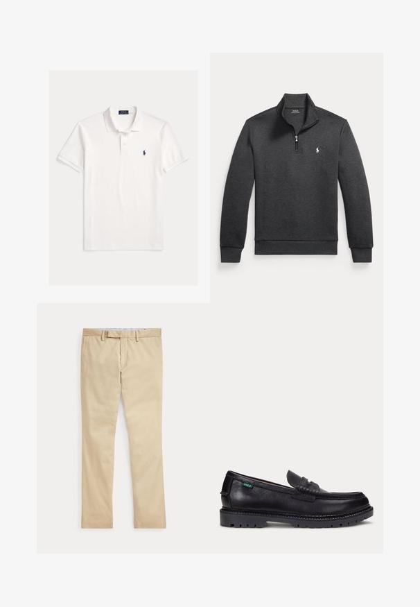 Donkergrijze trui met lange mouwen en een kwartrits, hoge kraag en klein wit Polo Ralph Lauren-logo op de linkerborst.; Wit Polo Ralph Lauren overhemd met korte mouwen, kraag, twee knoopsgaten en klein marineblauw geborduurd paardenlogo op de linkerborst.; Beige broek met rechte pijpen, ceintuurlussen en een voorrits, plat gelegd tegen een witte achtergrond.; Zwarte leren loafer met dikke geprofileerde zool en klein groen "Polo" label aan de buitenkant bij de hiel.