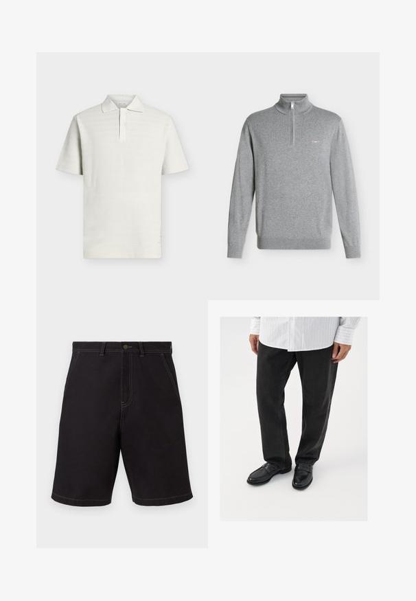 Pull gris clair à manches longues avec col avec demi-fermeture éclair et petit emblème brodé sur la poitrine gauche.; Polo à manches courtes texturé écru avec patte à deux boutons et col classique sur fond uni.; Shorts noirs longueur genou avec poches avant, passants de ceinture et coutures blanches visibles sur un fond clair.; Pantalons en denim noir associés à des mocassins noirs brillants. La chemise est blanche avec de fines rayures verticales, avec des manches longues et un col boutonné.