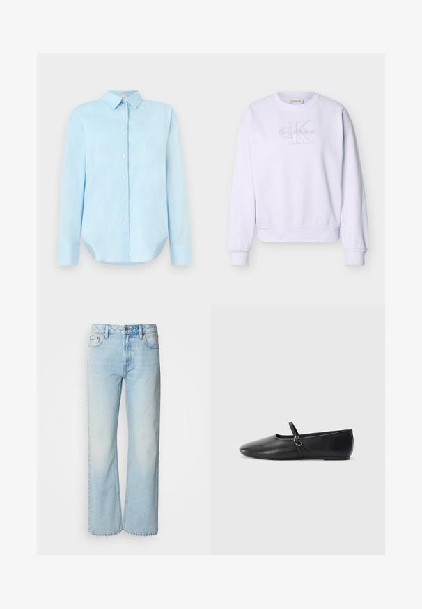 Weißes Calvin Klein Sweatshirt mit langen Ärmeln, Rundhalsausschnitt und geprägt"cK Calvin Klein"-Logo auf der Vorderseite.; Hellsblaues kurzärmeliges Hemd mit langen Ärmeln, Kragen, abgerundetem Saum und fünf vorderen Knöpfen; aus glattem, leichtem Stoff gefertigt.; Helle blaue weit geschnittene Jeans aus Denim, mit einem klassischen Fünf-Taschen-Design und einer dezenten, gewaschenen Textur. Die Denim-Nähte sind sichtbar.; Schwarze Leder-Ballettschuhe mit spitzem Schuhzeug, flacher Sohle und einem kleinen Riemen mit silberner Schnalle.