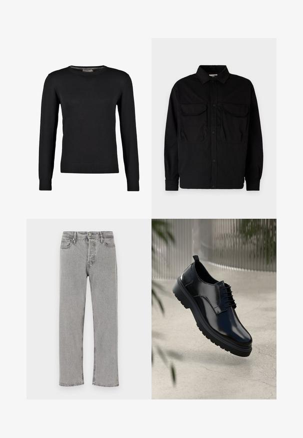 Sort strikket sweater med lange ærmer, rund halsudskæring samt ribbede manchetter og bund. Glat tekstur og tætsiddende design.; Jack & Jones JCOHELVETICA PARACHUTE OVERSHIRT - Skjorter - black; Grå denim jeans med lige pasform, fem lommer og knaplukning. Har subtilt slid og et klassisk design.; Sorte lædersko med en blank overflade, rund tå, snøredesign, kontrastsyninger og en tyk gummisål med mønster.