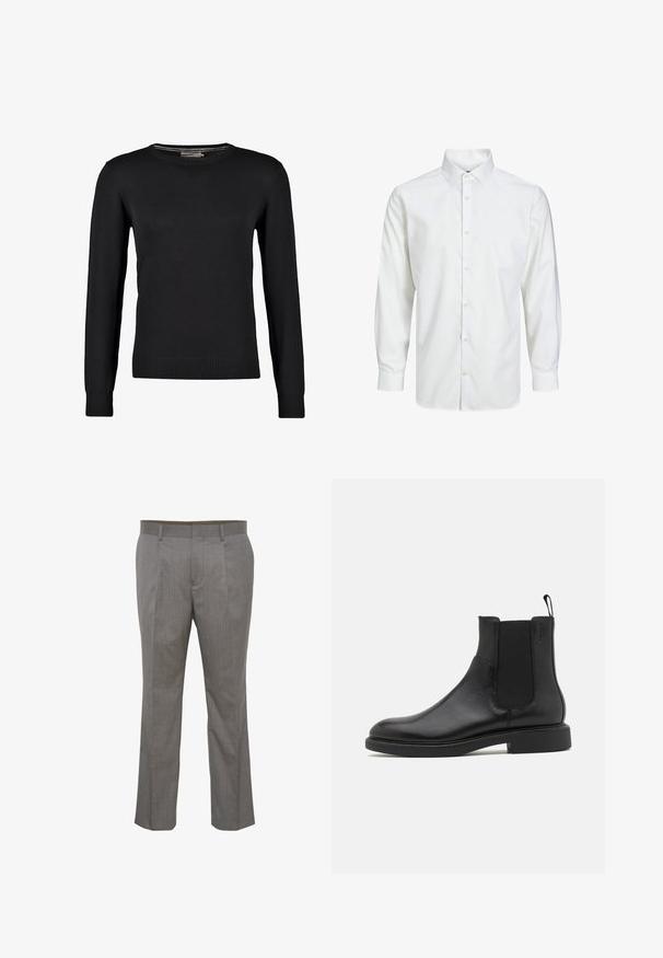 Sort strikket sweater med lange ærmer, rund halsudskæring samt ribbede manchetter og bund. Glat tekstur og tætsiddende design.; Hvid skjorte med lange ærmer, knaplukning, spids krave og knapper ved manchetterne, vist på en ensfarvet hvid baggrund.; Gråstribede bukser med plisseret front, lavet af letvægtsstof, med traditionelle skrå lommer og lige ben.; Sort læder ankelstøvle med glat overflade, elastiske sidepaneler og en trækstrop. Rund tå og flad gummisål med minimal mønster.