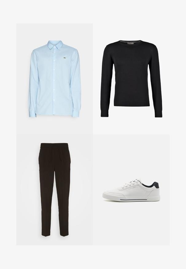 Sort strikket sweater med lange ærmer, rund halsudskæring samt ribbede manchetter og bund. Glat tekstur og tætsiddende design.; Lyseblå langærmet skjorte lavet af glat stof, med klassisk krave, knaplukning fortil og et lille grønt logo på brystet.; Sorte, lange, tapered bukser lavet af et blødt, glat materiale. Har en elastisk talje med snøre til justerbar pasform.; Hvide sneakers med en glat syntetisk overdel, rund tå, snørebåndsdesign, marineblå accent på hælen og en tekstureret gummisål med en sort stribe.
