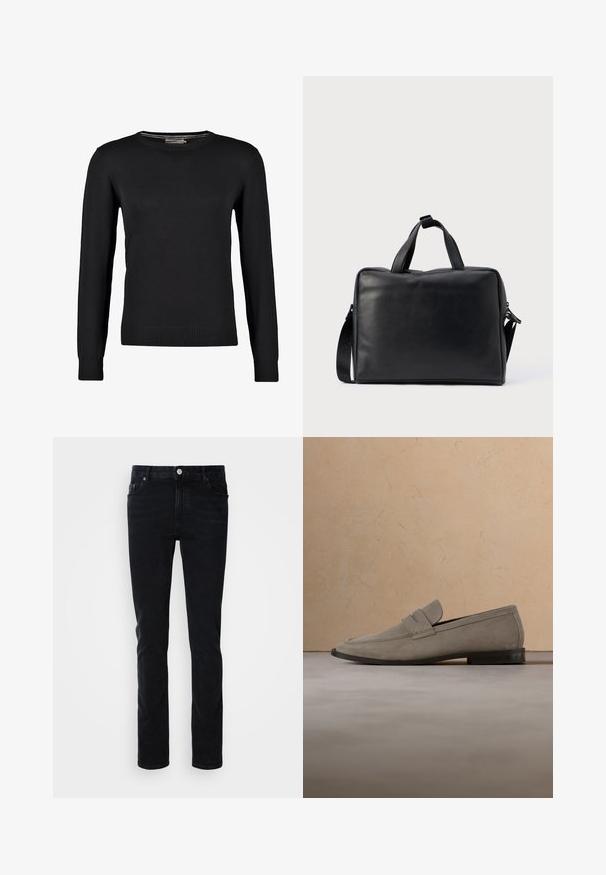 Schwarzer Strickpullover mit langen Ärmeln, Rundhalsausschnitt und gerippten Bündchen und Saum. Glatte Textur und taillierte Passform.; Schwarze Denim-Jeans mit einer schmalen Passform, ausgestattet mit einer Vordertasche, Gürtelschlaufen und einem Knopfverschluss. Glatte Textur, minimalistisches Design.; Beiger Wildleder-Slipper mit dunkler Sohle, präsentiert vor einem passenden Teppich- und Sofa-Hintergrund.; Schwarze Leder-Reisetasche mit rechteckiger Form, zwei Griffen, abnehmbarem Schulterriemen und minimalen Verzierungen.