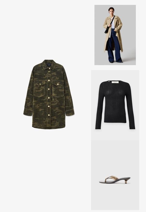 Sort langærmet strikbluse med et chevron åbent mønster og rund hals, mærket "Selected" indeni kraven.; Langærmet grøn og brun camo kordfløjl skjortejakke med krave, knaplukning foran og to brystlommer med klap.; Gennemsigtig hælflip-flop med et tyndt stropdesign, der har en sort fodseng og lysebrune accenter, der tilbyder en minimalistisk æstetik.; Beige trenchcoat med stor krave, knapdetaljer, båret over en hvid skjorte og mørkeblå brede jeans; en sort skuldertaske fuldender looket.