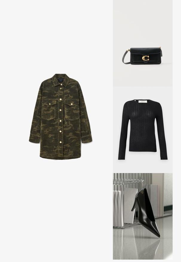 Sort langærmet strikbluse med et chevron åbent mønster og rund hals, mærket "Selected" indeni kraven.; Langærmet grøn og brun camo kordfløjl skjortejakke med krave, knaplukning foran og to brystlommer med klap.; Sort højhælet sko med spids tå og guldlogo, placeret på en reflekterende overflade nær en krom trådfilholder med dokumenter.; Sort lædertaske med skulderrem, frontklap, guldfarvet "C" lås og justerbar skulderrem på hvid baggrund.