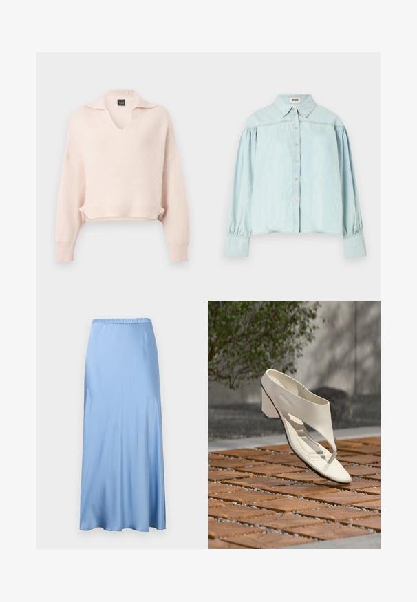 Pull rose clair en tricot avec col en V et col, épaules tombantes, ourlet et poignets côtelés. Fabriqué à partir d'un matériau doux et texturé.; Chemise en denim bleu clair avec une patte de boutonnage sur le devant, un col à pointes et des manches longues bouffantes. Le tissu semble doux avec une légère brillance.; Jupe midi en satin bleu clair avec une ceinture élastique, présentant une texture lisse et une légère silhouette en A. Sans motifs ni accents visibles.; Sandale à talon en cuir blanc avec une large bride et un entre-doigts, exposée en extérieur sur une surface carrelée en bois et en gravier avec de la verdure en arrière-plan.