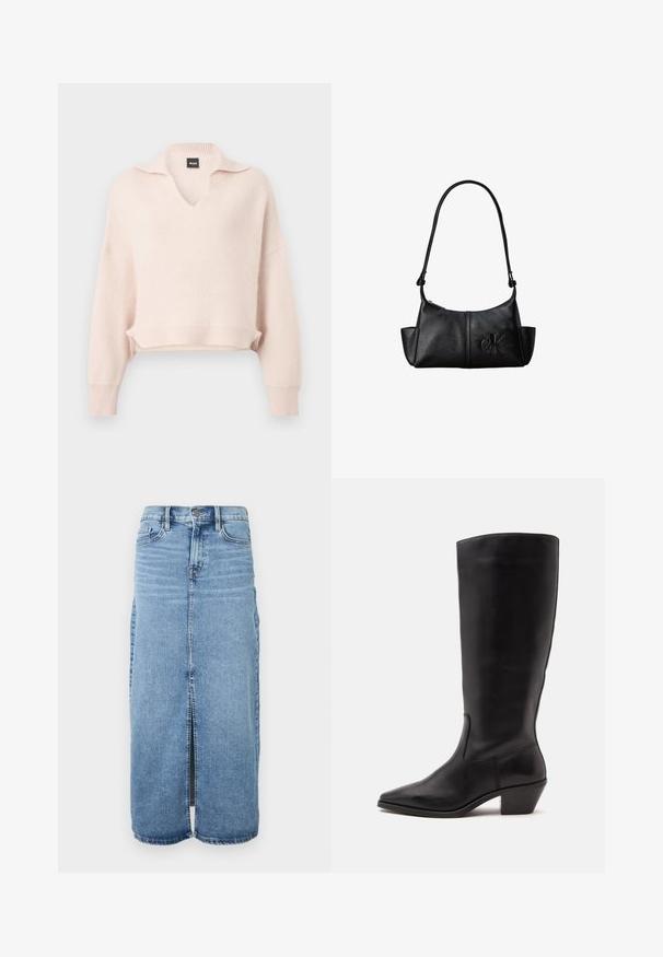 Pull rose clair en tricot avec col en V et col, épaules tombantes, ourlet et poignets côtelés. Fabriqué à partir d'un matériau doux et texturé.; Jupe maxi en denim bleu clair avec fente avant, fermeture à boutons et cinq poches. Dotée de coutures classiques et d'un design droit.; Botte en cuir noire mi-mollet avec un bout pointu et un talon bas incliné sur un fond clair uni.; Sac à bandoulière en cuir noir avec une longue sangle, des poches latérales et le logo Calvin Klein embossé sur le devant.