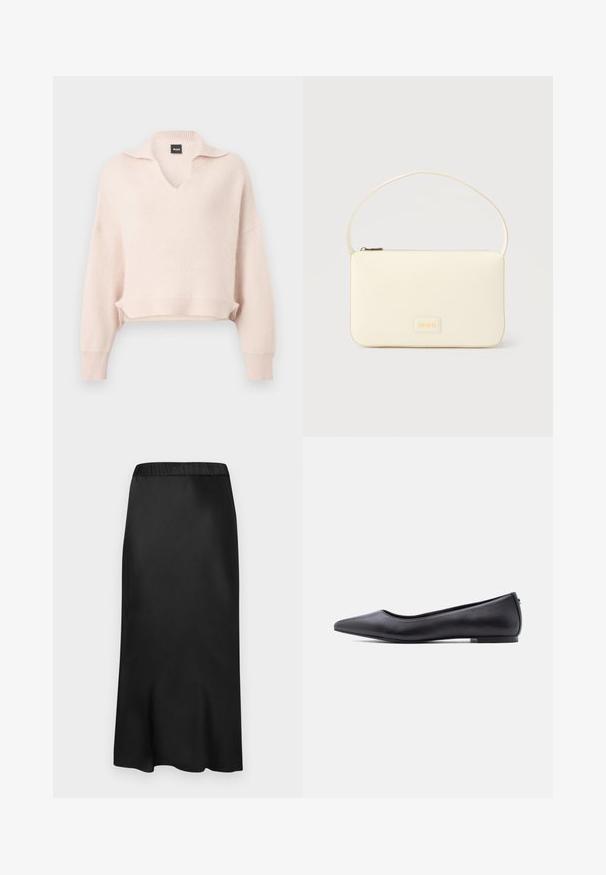 Lyserød strikket sweater med V-hals og krave, sænket skulder, og ribkant i bund og ærmer. Fremstillet af et blødt, tekstureret materiale.; Sort satin midi-nederdel med elastisk talje. Glat tekstur og enkelt design, der taper lidt ved kanten for en flydende silhuet.; Sort flad lædersko med spidst tåparti og lav hæl, vist i sideprofil mod en hvid baggrund.; Kremfarvet rektangulær håndtaske med en enkelt rem og lynlås øverst, med en lille præget logo-plakette foran.