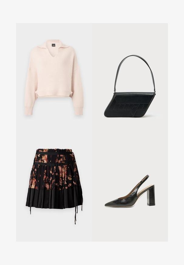 Pull rose clair en tricot avec col en V et col, épaules tombantes, ourlet et poignets côtelés. Fabriqué à partir d'un matériau doux et texturé.; Jupe plissée noire avec un motif floral dans des tons de rose et d'orange, dotée d'une large taille et de cordons de serrage ajustables à l'ourlet.; Chaussure slingback en cuir noir à bout pointu avec un talon bloc haut et une doublure intérieure beige sur un fond clair uni.; Sac d'épaule en cuir noir de forme triangulaire, avec un logo embossé et une seule bandoulière réglable. Design minimaliste avec une texture lisse.