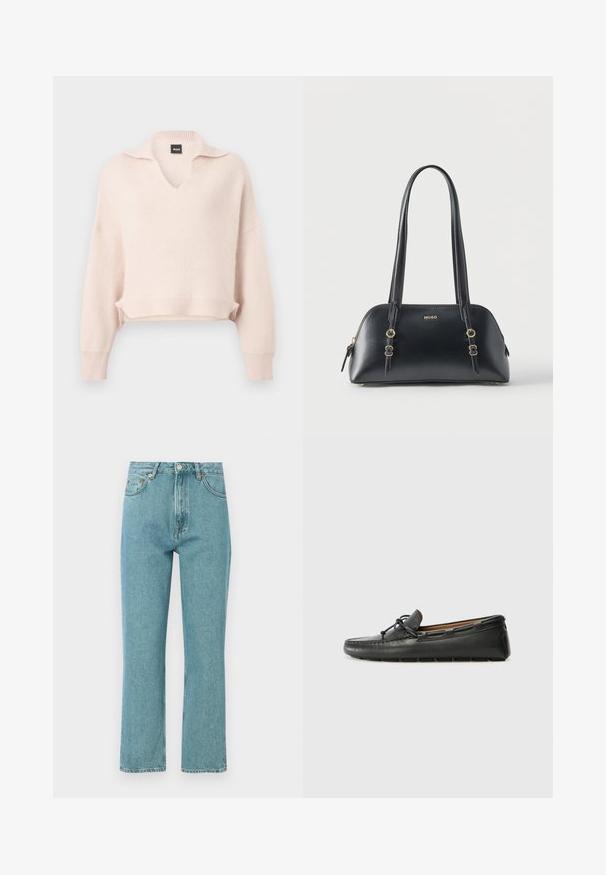 Lichtroze gebreide trui met een V-hals en kraag, verlaagde schouders, en geribbelde zoom en manchetten. Gemaakt van een zacht, gestructureerd materiaal.; Lichtblauwe, high-waisted jeans met een rechte pijpdesign. Gemaakt van denim, met voorzakken en een knoopsluiting.; Zwarte leren bootshoe met een ronde neus, gestikte details, een kleine strikaccent en een rubberen zool. Soepele textuur en gestroomlijnd ontwerp.; Zwarte leren handtas met gouden accenten, dubbele banden en "HUGO"-logo aan de voorkant, tegen een effen witte achtergrond.