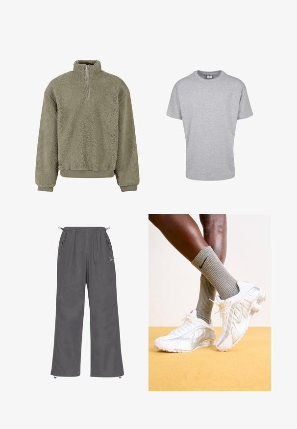 Vihreä fleece-pusero, jossa on puolivettely. teksturoitu pinta sekä ribbauskohot ja helma. Rentoa istuvuutta lisää mukavuutta.; Harmaa lyhythihainen T-paita, joka on valmistettu puuvillasekoitekankaasta. Mallissa on pyöreä pääntie ja rento istuvuus ilman kuvioita tai koristeluja.; Harmaat, leveälahkeat housut pehmeästä kankaasta. Varustettu joustavalla vyötäröllä, sivutaskuilla ja vetoketjullisilla lahkeilla. Yksinkertainen muotoilu vähäisellä yksityiskohdalla.; Nike-kengät valkoisina hopeisilla yksityiskohdilla, joissa on teksturoituja pintoja ja reikiä. Yhdistettynä harmaisiin ribbikotivillasukkasiin keltapohjaista taustaa vasten.