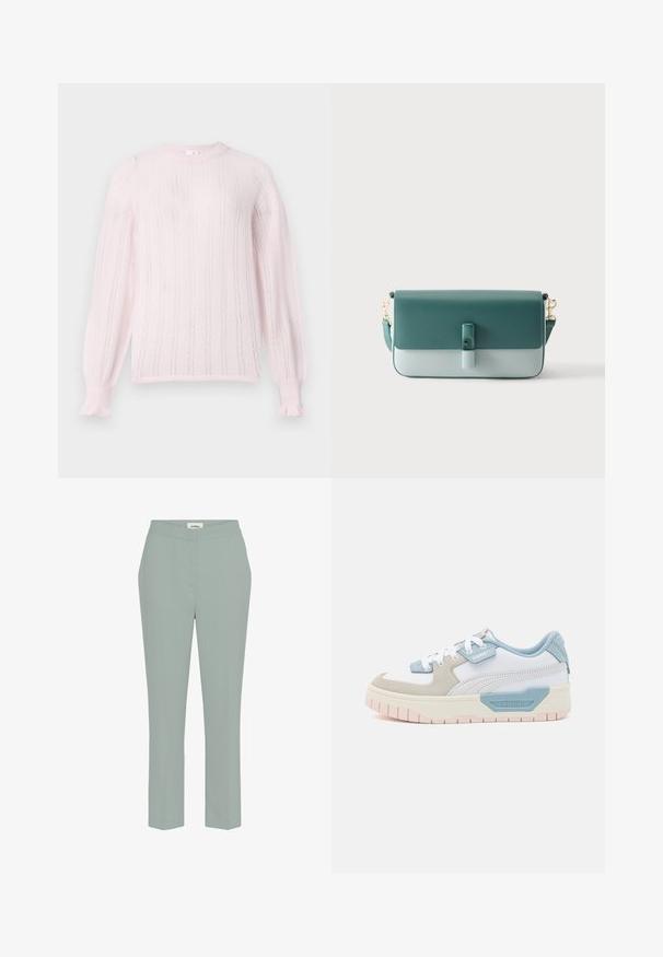 Suéter de punto rosa claro con cuello redondo, que presenta rayas verticales, puños acanalados y detalles de volantes en los extremos de las mangas.; Pantalones de pierna recta verde claro, con una textura suave y una cinturilla de altura media, que presentan costuras mínimas y sin bolsillos visibles.; Zapatillas con una parte superior de cuero blanco, acentos en azul claro, paneles de ante beige y una suela de goma texturizada en rosa; logo bordado en el costado.; Bolso de mano rectangular bicolor verde de cuero con cierre de solapa, hebilla frontal y correa de hombro desmontable con cierres dorados.